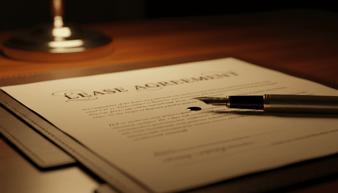 Lease document with fountain pen on mahogany desk