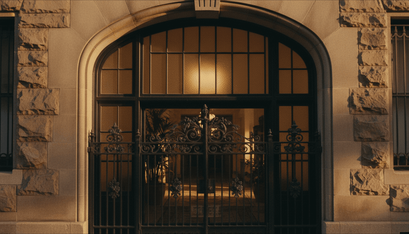 Pre-war Manhattan apartment building entrance with warm evening light