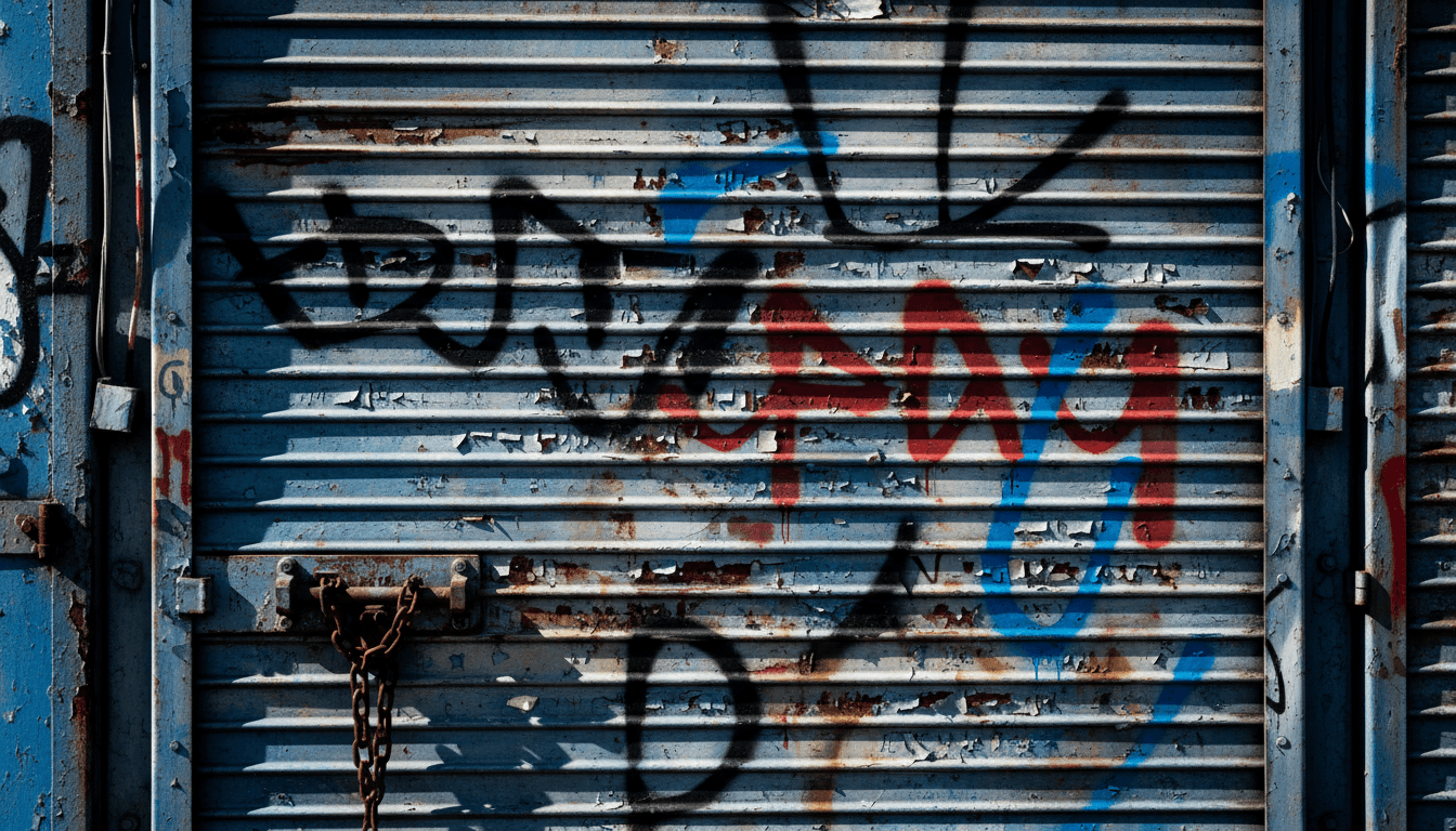 Close-up of warehouse roll-up door with graffiti and peeling paint