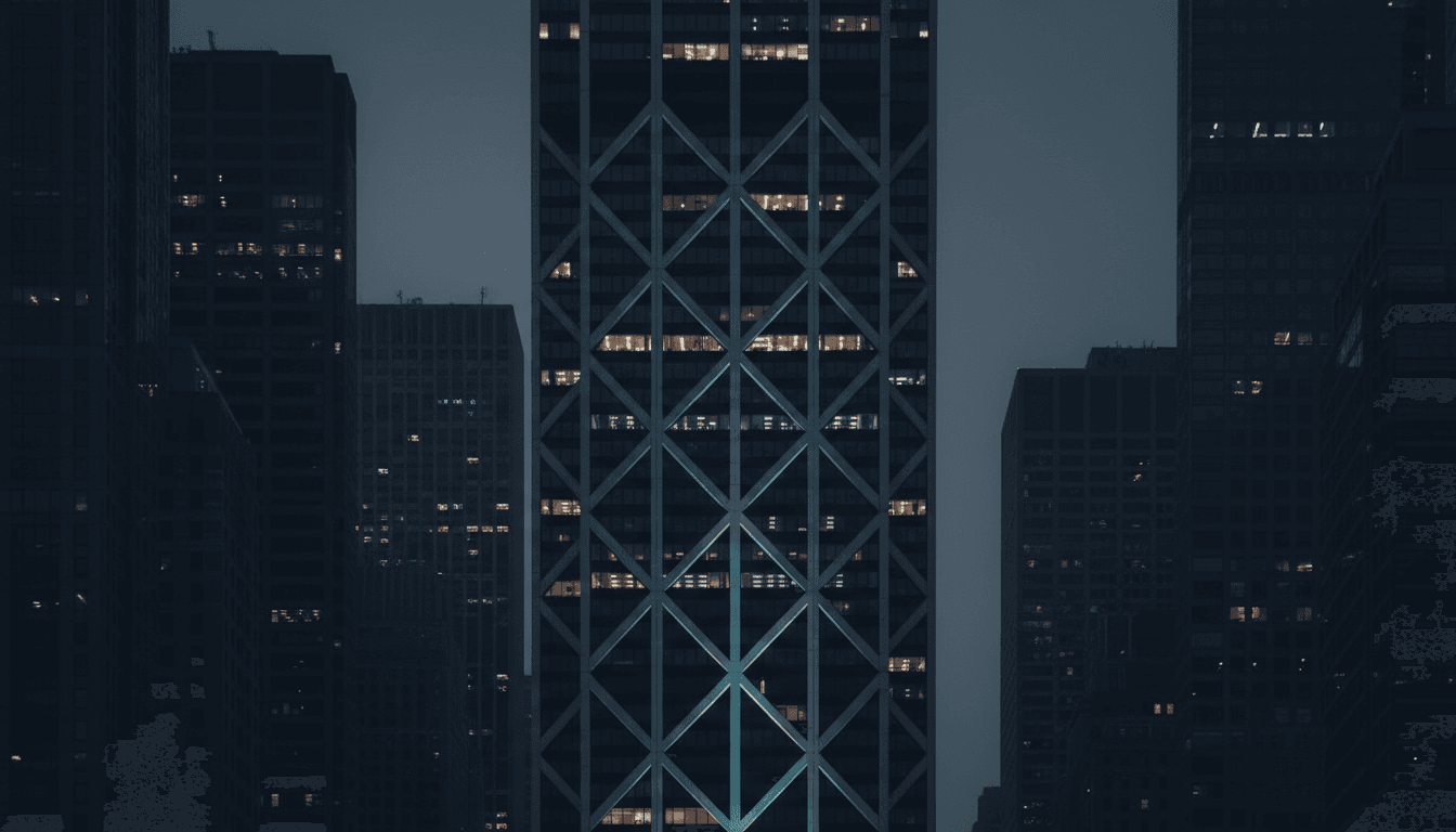 Manhattan office tower at dusk, moody architecture