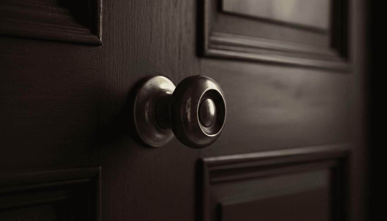 Close-up of a polished brass door handle on a dark wood door in Manhattan