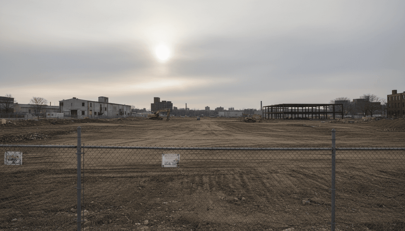 Cleared development site with chain-link fence and overcast sky