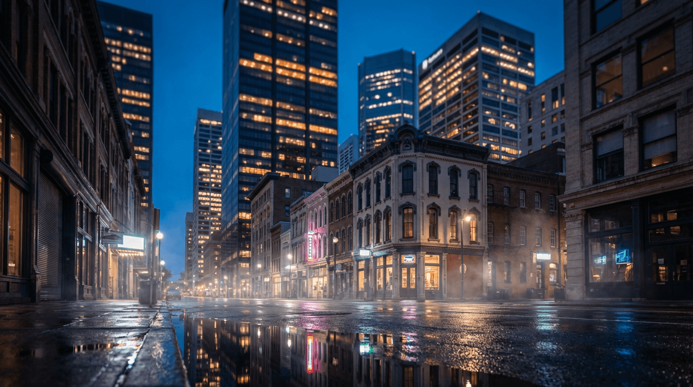 Row of retail storefronts at dawn