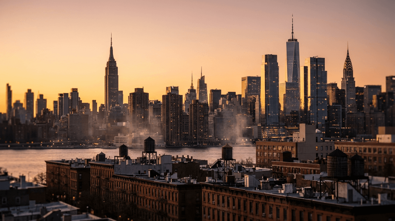 Manhattan skyline at dusk seen from an elevated rooftop perspective