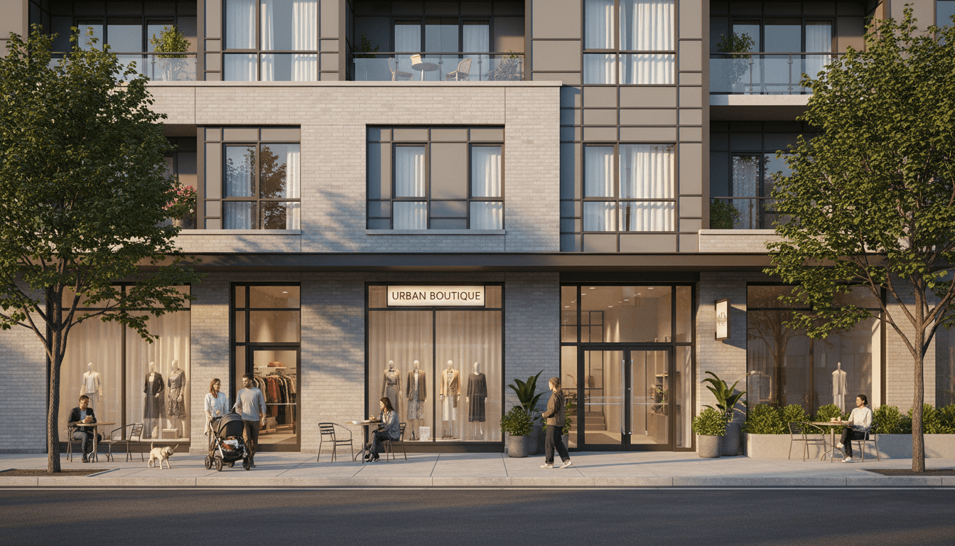 Mixed-use corner building with cafe and residences above