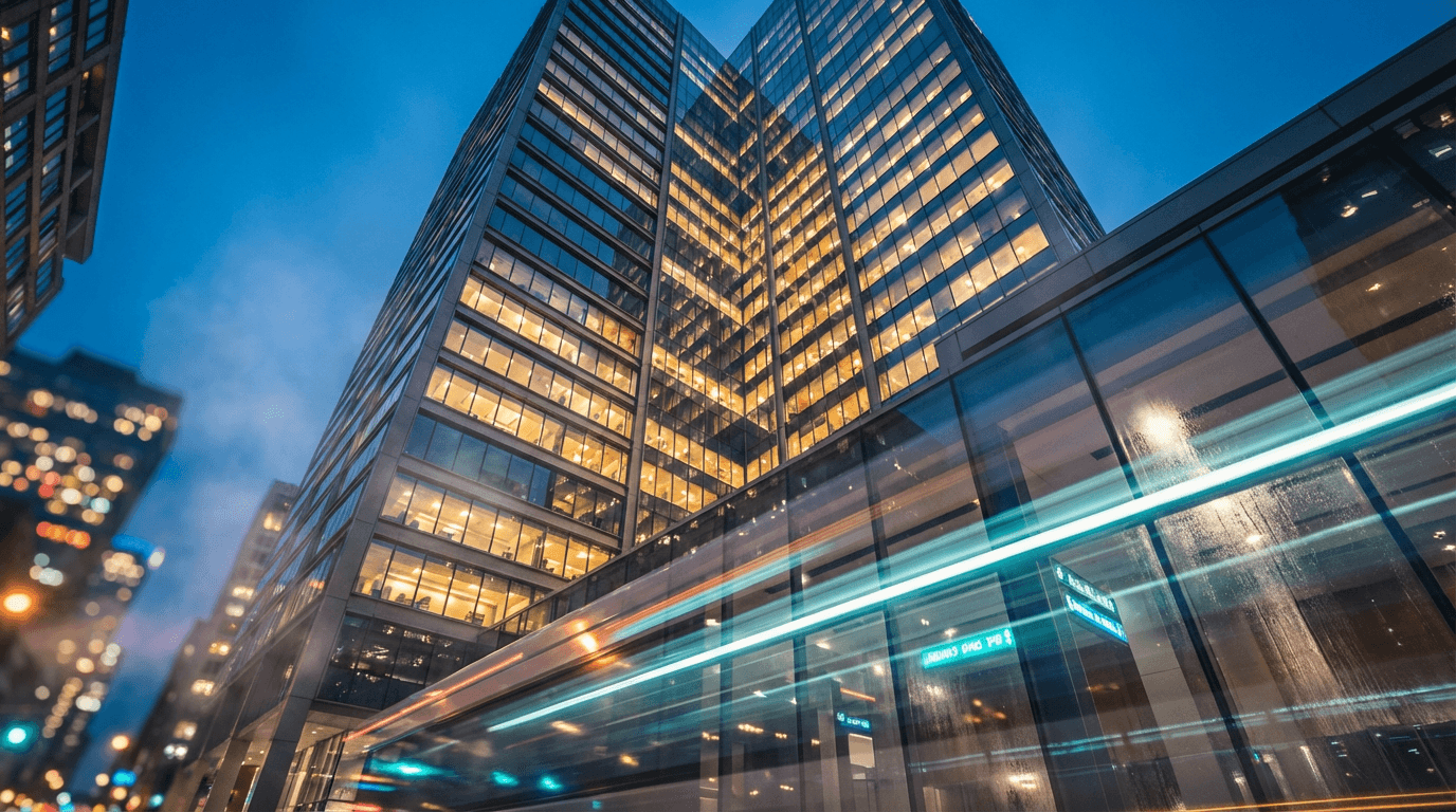 Elegant office building lobby at dusk